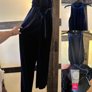 blue velvet halter jumpsuit